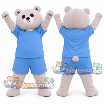 Gray Bear Mascot Costume with Blue Shirt and Shorts Gray Bear Mascot Costume with Blue Shirt and Shorts