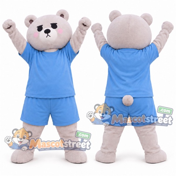 Gray Bear Mascot Costume with Blue Shirt and Shorts