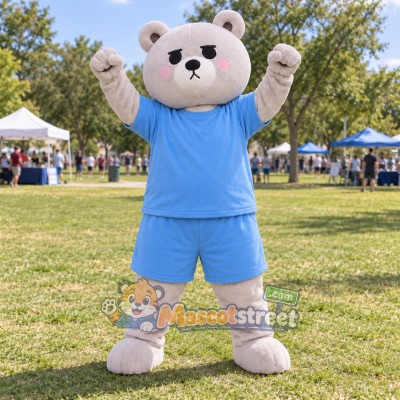 Gray Bear Mascot Costume with Blue Shirt and Shorts