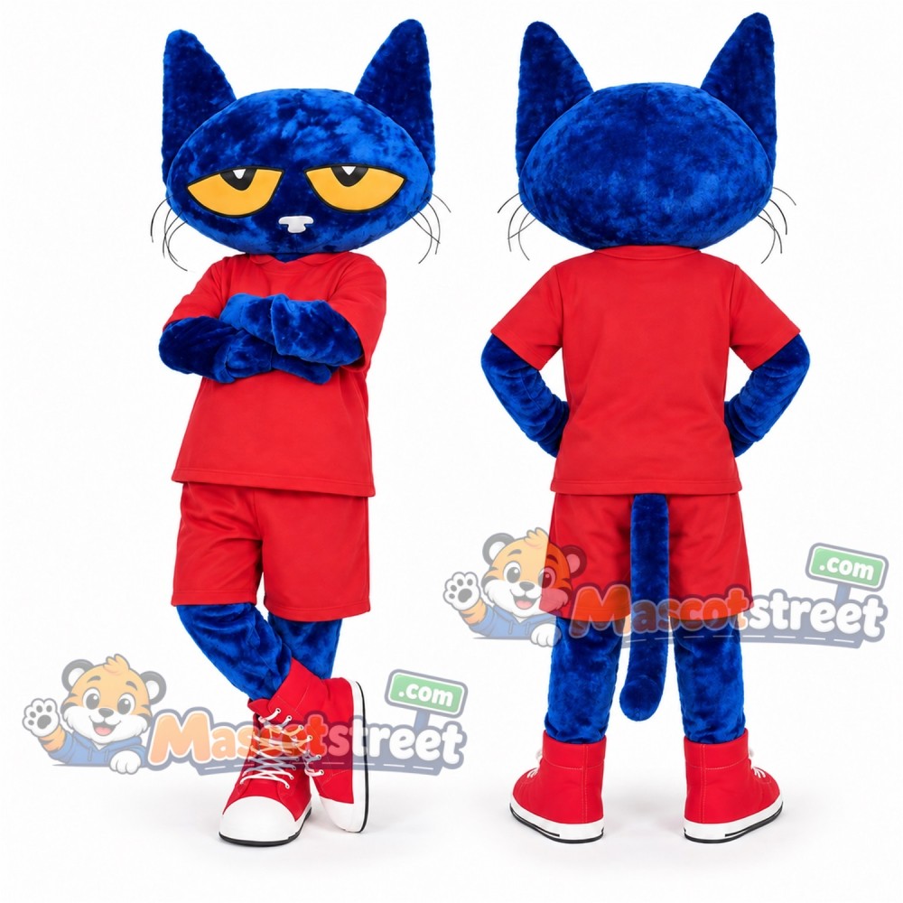 Blue Cat Mascot Costume with Red Shirt and Shorts
