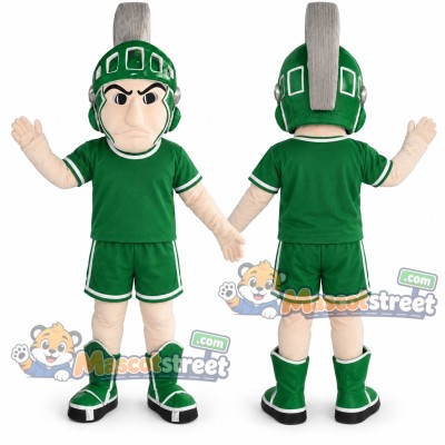 Warrior Mascot Costume with Green Uniform and Plumed Helmet