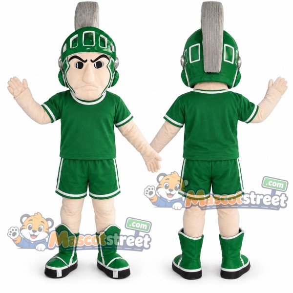 Warrior Mascot Costume with Green Uniform and Plumed Helmet