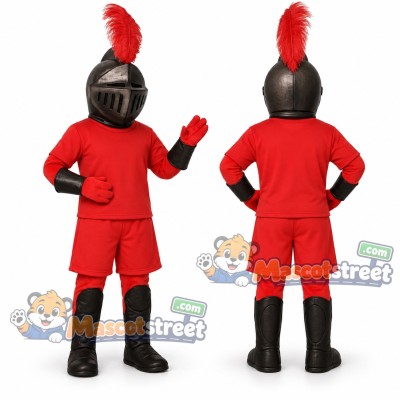 Knight Mascot Costume with Red Uniform and Black Helmet