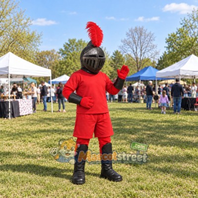 Knight Mascot Costume with Red Uniform and Black Helmet Knight Mascot Costume with Red Uniform and Black Helmet