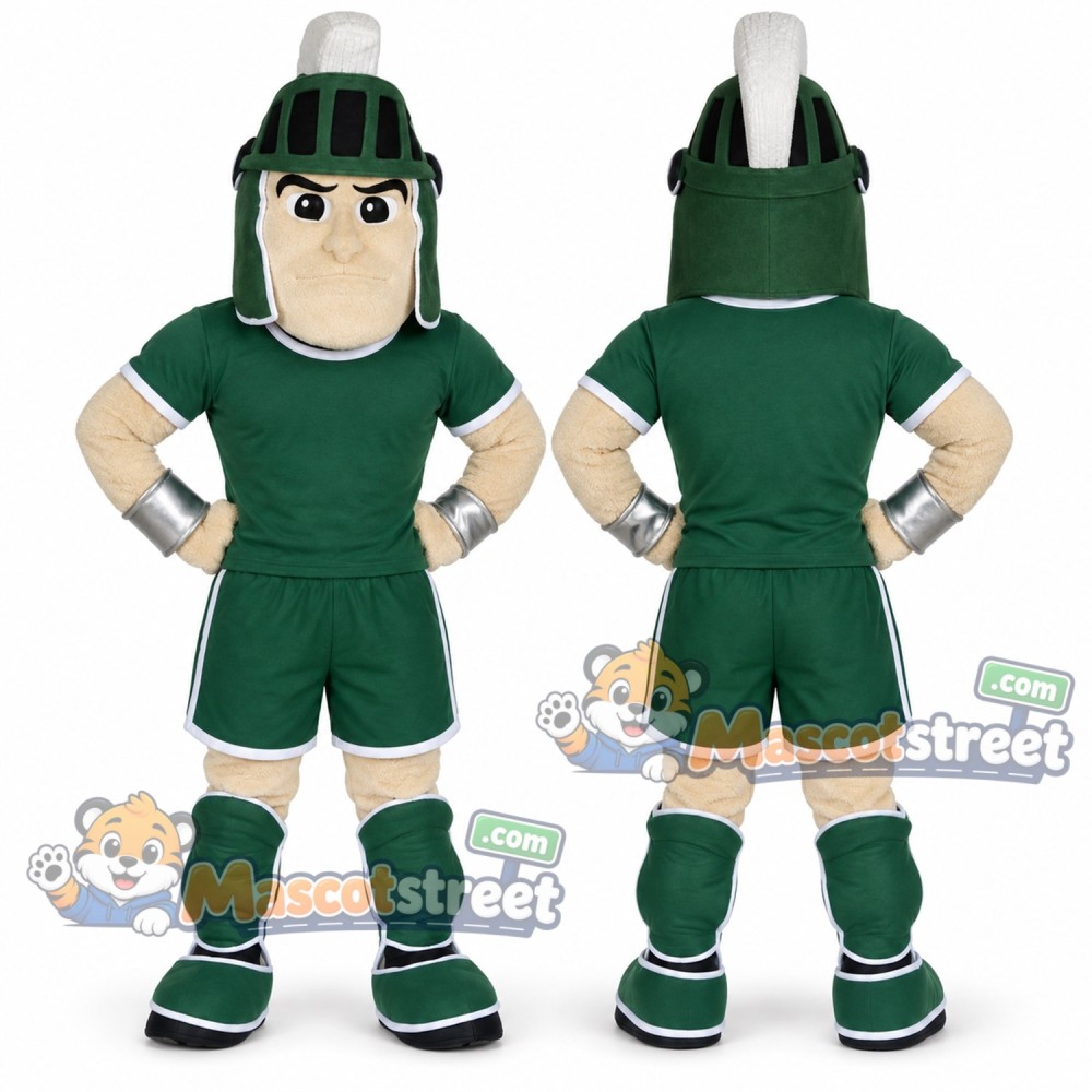 Warrior Mascot Costume with Green Uniform and Helmet