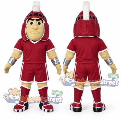Warrior Mascot Costume with Burgundy Uniform and Helmet