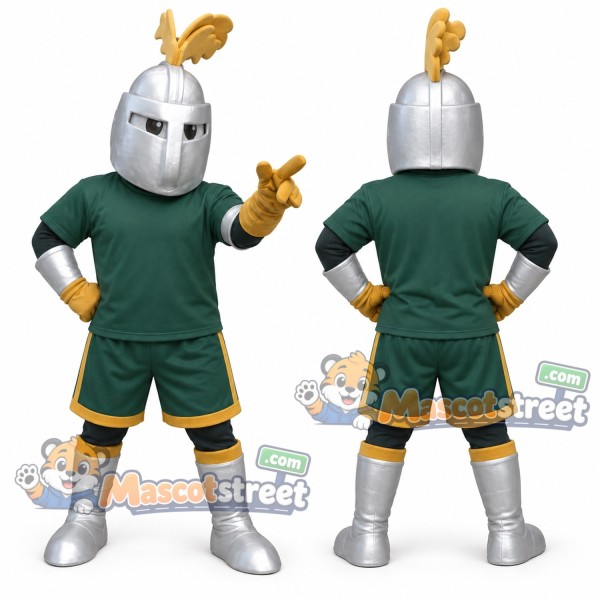 Knight Mascot Costume with Green Uniform and Silver Helmet