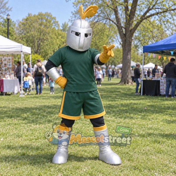 Knight Mascot Costume with Green Uniform and Silver Helmet Knight Mascot Costume with Green Uniform and Silver Helmet