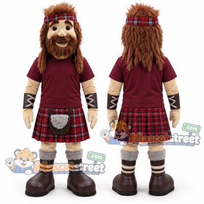 Highland Warrior Mascot Costume with Burgundy Shirt and Tartan Kilt Highland Warrior Mascot Costume with Burgundy Shirt and Tartan Kilt
