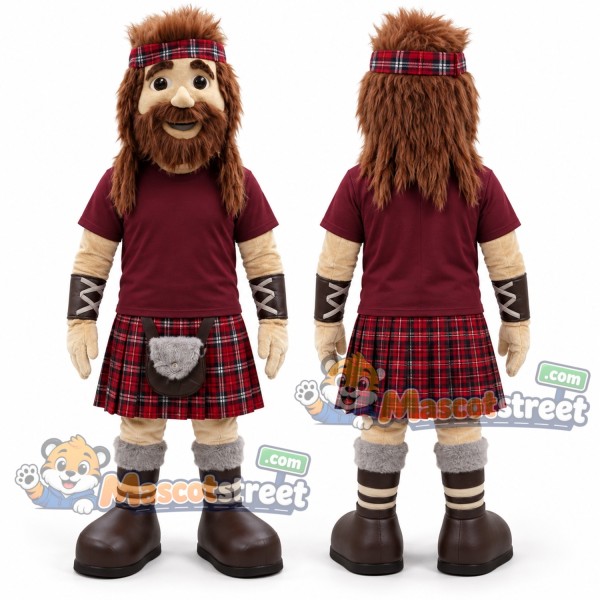 Highland Warrior Mascot Costume with Burgundy Shirt and Tartan Kilt