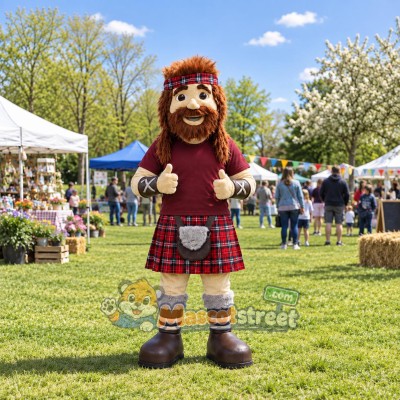 Highland Warrior Mascot Costume with Burgundy Shirt and Tartan Kilt Highland Warrior Mascot Costume with Burgundy Shirt and Tartan Kilt