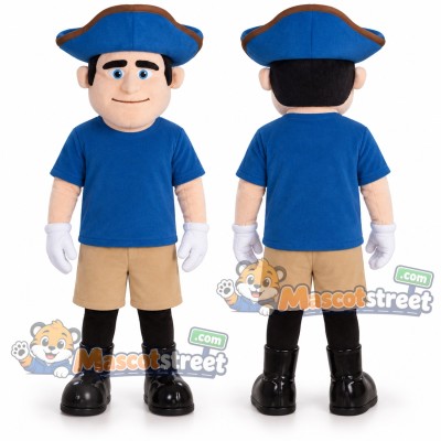 Colonial Soldier Mascot Costume with Blue Shirt, Tan Shorts and Tricorn Hat Colonial Soldier Mascot Costume with Blue Shirt, Tan Shorts and Tricorn Hat