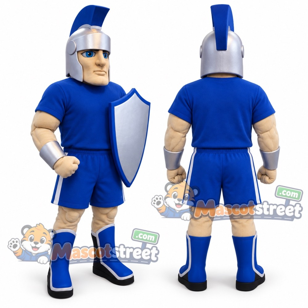 Spartan Warrior Mascot Costume with Blue Uniform and Helmet Spartan Warrior Mascot Costume with Blue Uniform and Helmet
