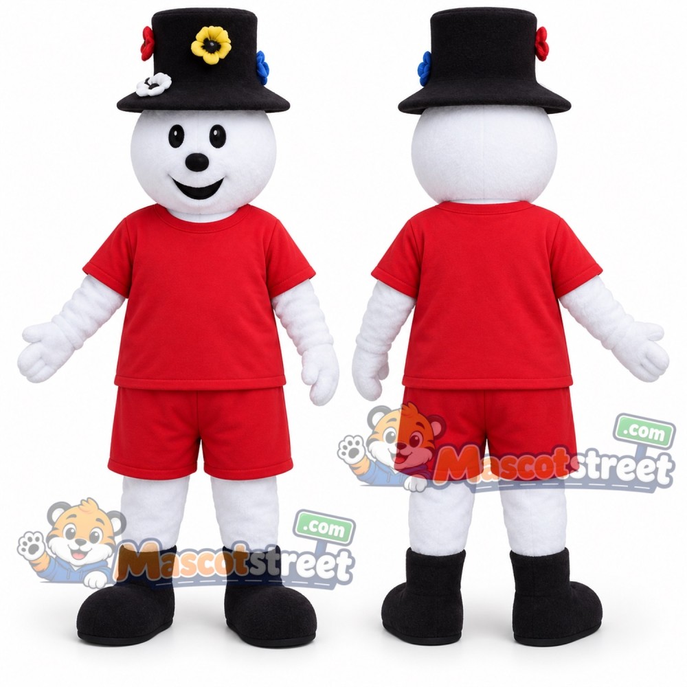 Snowman Mascot Costume with Red Shirt, Red Shorts and Black Top Hat Snowman Mascot Costume with Red Shirt, Red Shorts and Black Top Hat