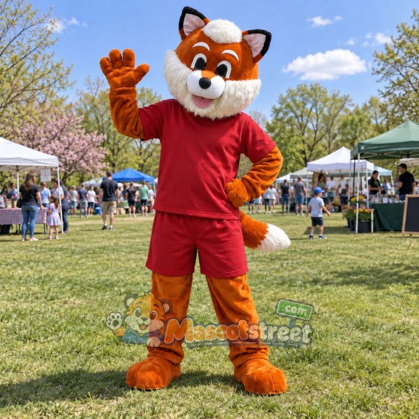 Orange Fox Mascot Costume with Red Shirt and Shorts