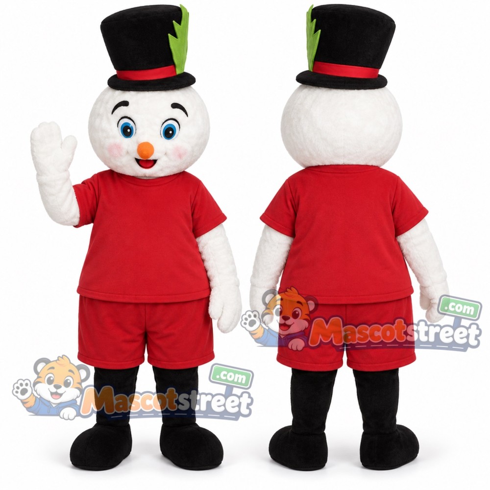 Snowman Mascot Costume with Red Shirt, Red Shorts and Black Top Hat Snowman Mascot Costume with Red Shirt, Red Shorts and Black Top Hat