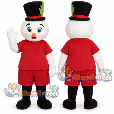 Snowman Mascot Costume with Red Shirt, Red Shorts and Black Top Hat Snowman Mascot Costume with Red Shirt, Red Shorts and Black Top Hat