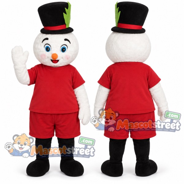 Snowman Mascot Costume with Red Shirt, Red Shorts and Black Top Hat