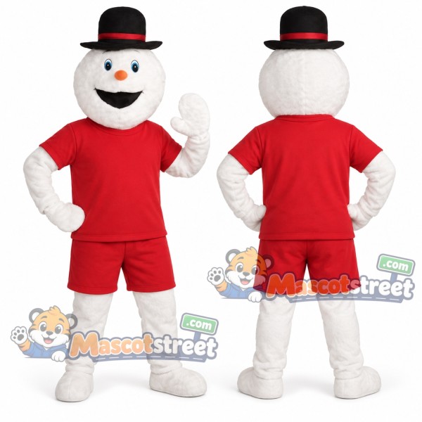 Snowman Mascot Costume with Red Shirt, Red Shorts and Black Bowler Hat