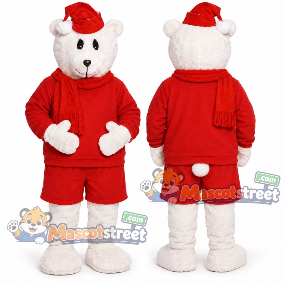 White Polar Bear Mascot Costume with Red Shirt, Red Shorts and Santa Hat
