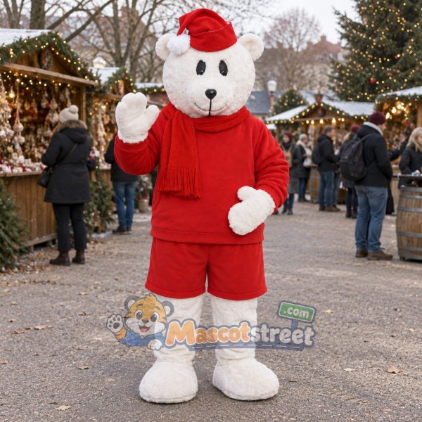 White Polar Bear Mascot Costume with Red Shirt, Red Shorts and Santa Hat