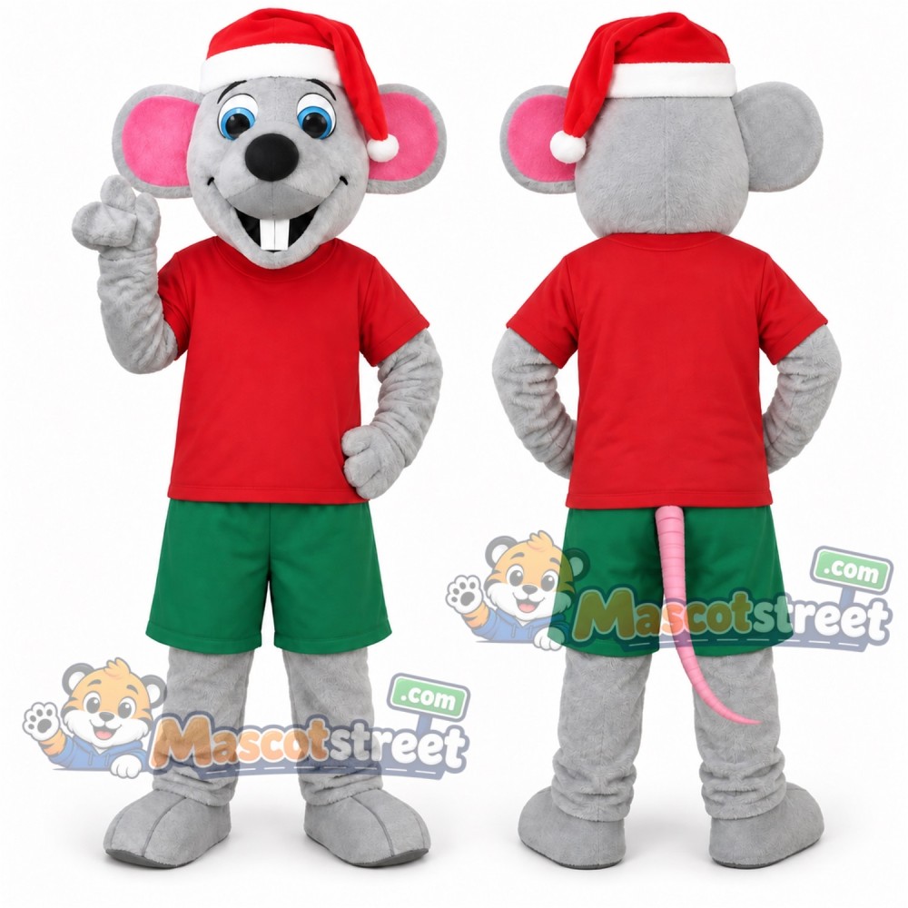 Gray Mouse Mascot Costume with Red Shirt, Green Shorts and Santa Hat