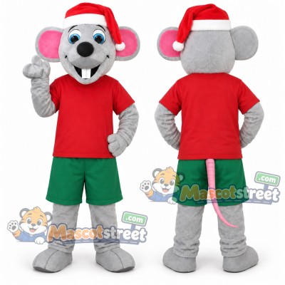 Gray Mouse Mascot Costume with Red Shirt, Green Shorts and Santa Hat