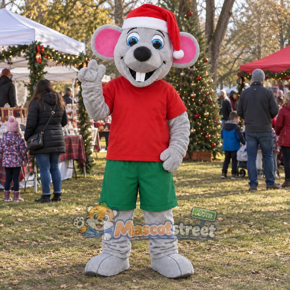 Gray Mouse Mascot Costume with Red Shirt, Green Shorts and Santa Hat Gray Mouse Mascot Costume with Red Shirt, Green Shorts and Santa Hat