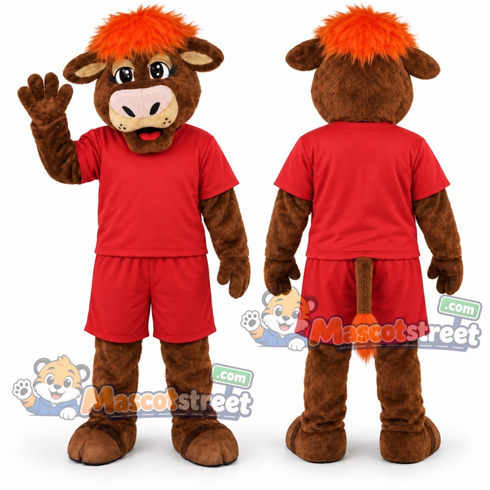 Brown Bull Mascot Costume with Red Shirt and Shorts