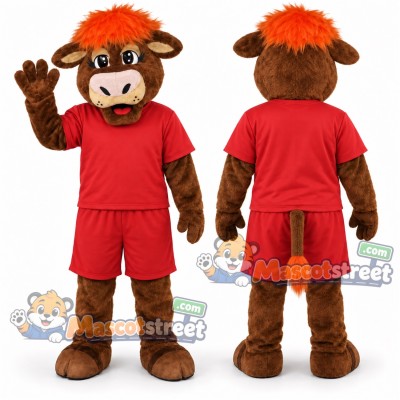 Brown Bull Mascot Costume with Red Shirt and Shorts