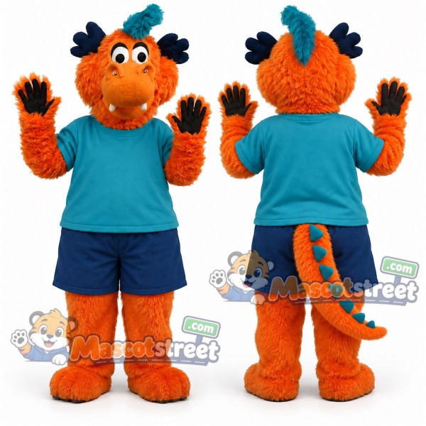 Orange Dragon Mascot Costume with Teal Shirt and Blue Shorts