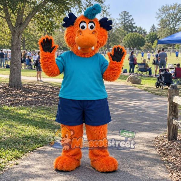 Orange Dragon Mascot Costume with Teal Shirt and Blue Shorts Orange Dragon Mascot Costume with Teal Shirt and Blue Shorts