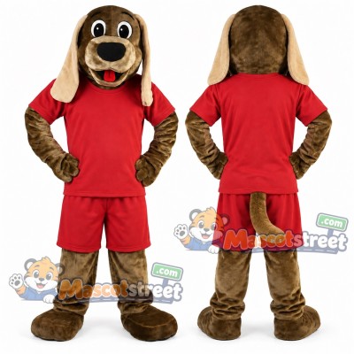 Brown Dog Mascot Costume with Red Shirt and Shorts