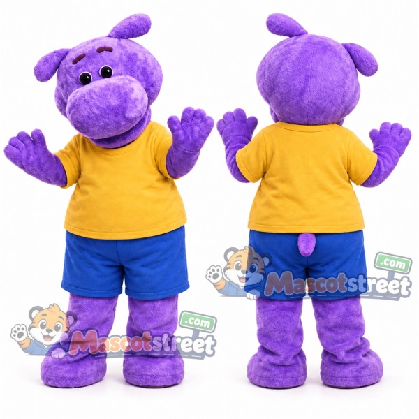 Purple Hippopotamus Mascot Costume with Yellow Shirt and Blue Shorts