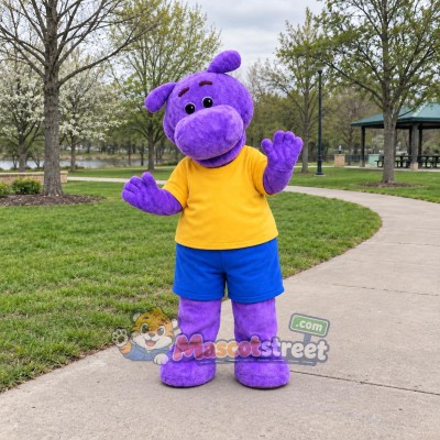 Purple Hippopotamus Mascot Costume with Yellow Shirt and Blue Shorts Purple Hippopotamus Mascot Costume with Yellow Shirt and Blue Shorts