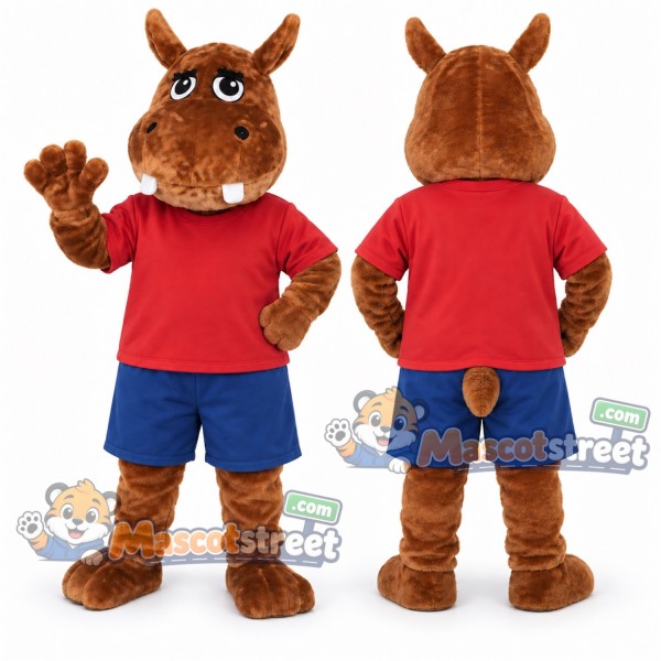 Brown Hippopotamus Mascot Costume with Red Shirt and Blue Shorts