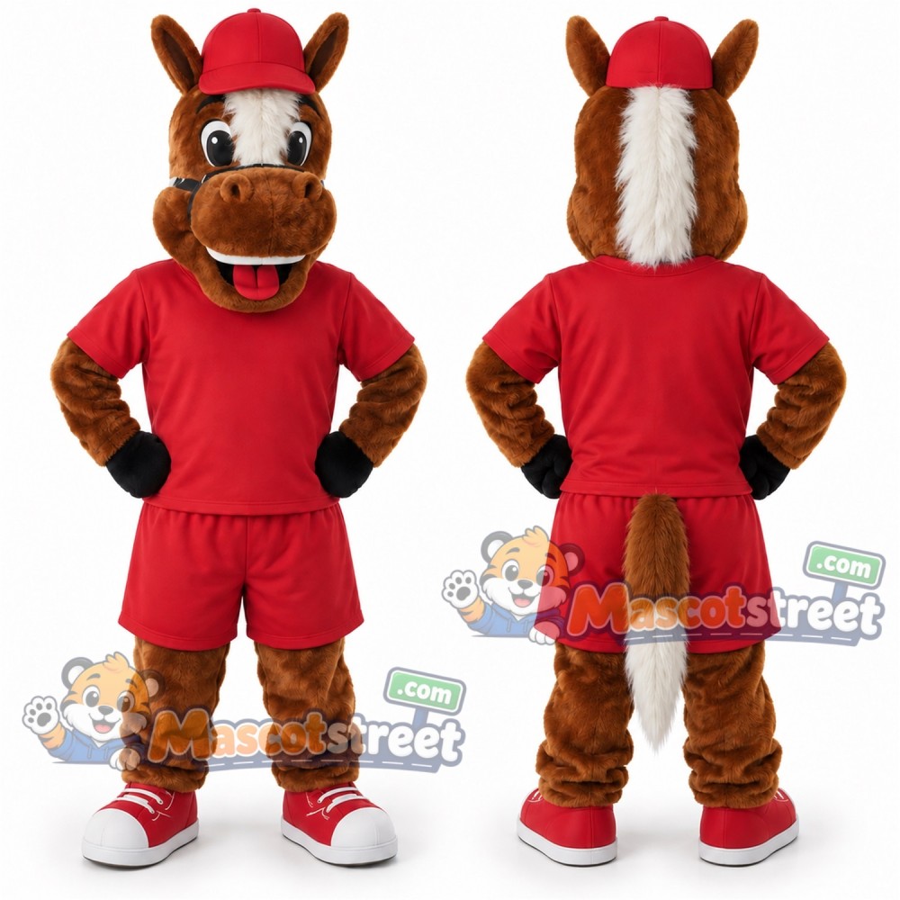 Brown Horse Mascot Costume with Red Shirt, Red Shorts and Red Cap