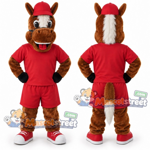 Brown Horse Mascot Costume with Red Shirt, Red Shorts and Red Cap