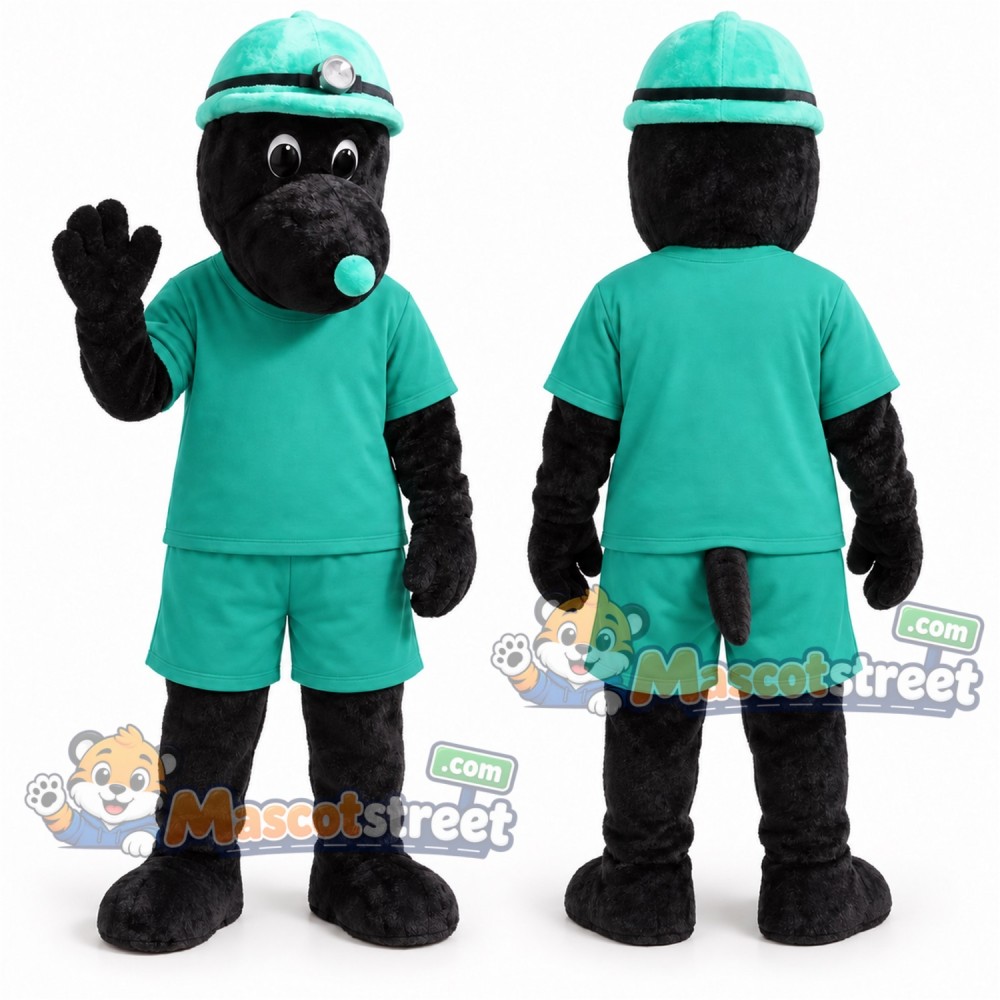 Black Mole Mascot Costume with Teal Uniform and Hard Hat