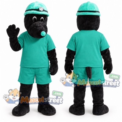 Black Mole Mascot Costume with Teal Uniform and Hard Hat