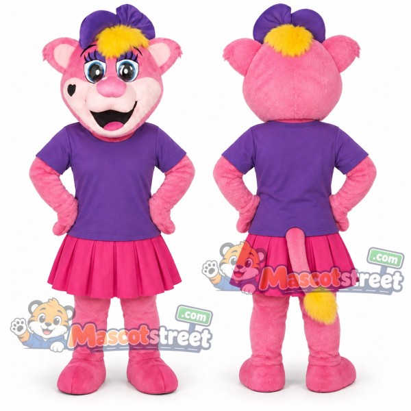 Pink Lioness Mascot Costume with Purple Shirt, Pink Skirt and Cap
