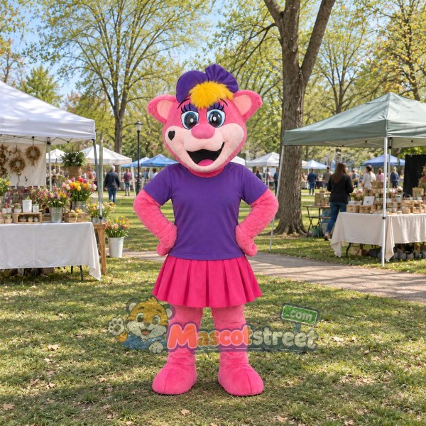 Pink Lioness Mascot Costume with Purple Shirt, Pink Skirt and Cap