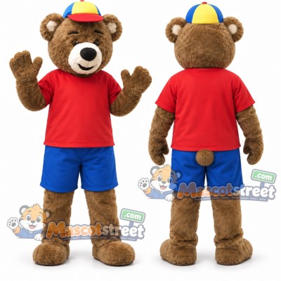 Brown Bear Mascot Costume with Red Shirt, Blue Shorts and Multicolor Cap Brown Bear Mascot Costume with Red Shirt, Blue Shorts and Multicolor Cap
