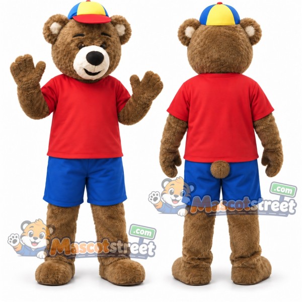 Brown Bear Mascot Costume with Red Shirt, Blue Shorts and Multicolor Cap