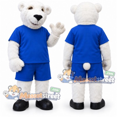 White Polar Bear Mascot Costume with Blue Shirt and Shorts White Polar Bear Mascot Costume with Blue Shirt and Shorts