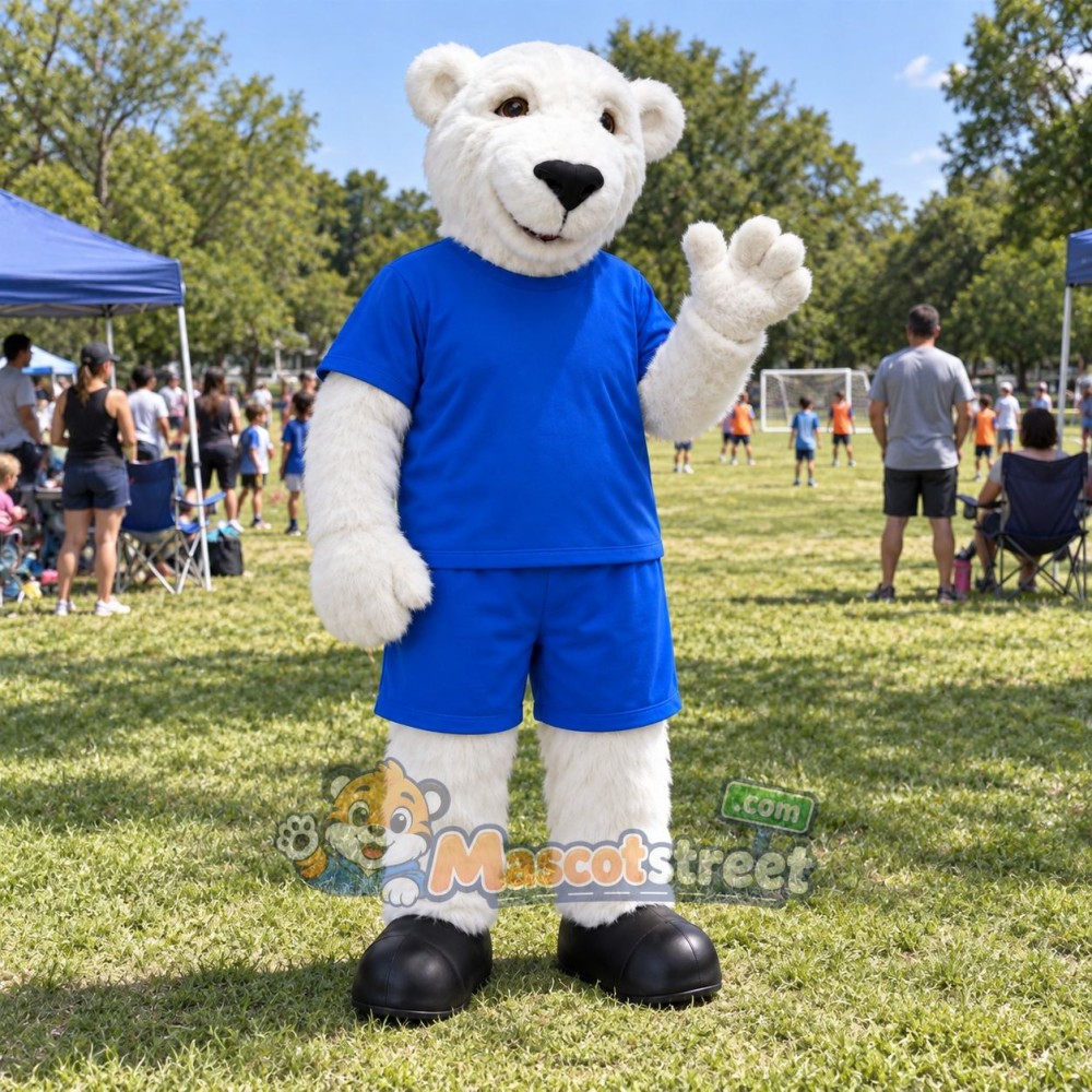 White Polar Bear Mascot Costume with Blue Shirt and Shorts White Polar Bear Mascot Costume with Blue Shirt and Shorts