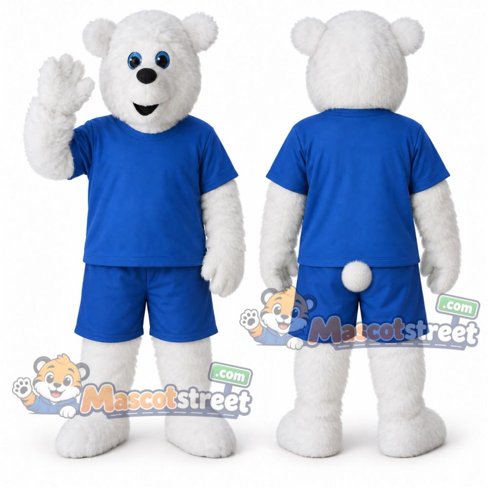 White Polar Bear Mascot Costume with Blue Shirt and Shorts White Polar Bear Mascot Costume with Blue Shirt and Shorts