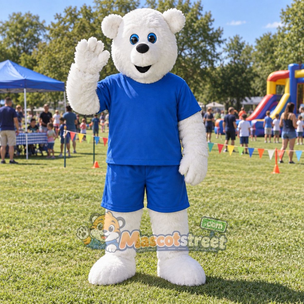 White Polar Bear Mascot Costume with Blue Shirt and Shorts