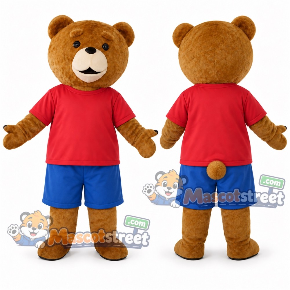Brown Bear Mascot Costume with Red Shirt and Blue Shorts