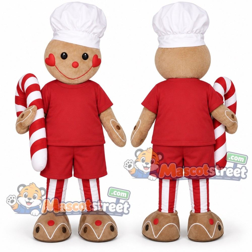 Gingerbread Man Mascot Costume with Red Shirt, Red Shorts and Chef Hat